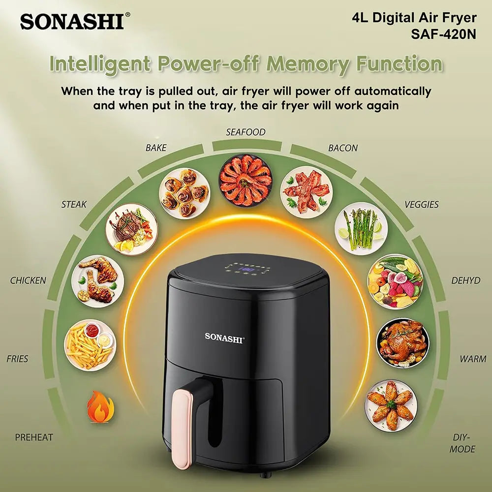 Sonashi Digital Air Fryer 4.0L – Non-Stick Basket, LED Display, 1200W Power, Adjustable Temperature (80–200°C), 60-Min Timer, Overheat Protection & Auto Shut-Off – SAF-420N - Damoo
