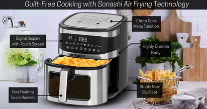 Sonashi Digital Air Fryer – 6.2L Capacity, 5.2L Non-Stick Teflon Basket, LED Touchscreen, 7 Cooking Modes, Adjustable Temperature, Oil-Free Frying – SAF-620N - Damoo