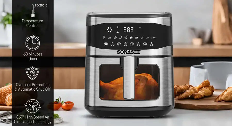 Sonashi Digital Air Fryer – 6.2L Capacity, 5.2L Non-Stick Teflon Basket, LED Touchscreen, 7 Cooking Modes, Adjustable Temperature, Oil-Free Frying – SAF-620N - Damoo