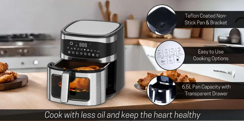 Sonashi Digital Air Fryer – 6.2L Capacity, 5.2L Non-Stick Teflon Basket, LED Touchscreen, 7 Cooking Modes, Adjustable Temperature, Oil-Free Frying – SAF-620N - Damoo