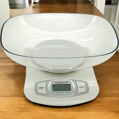 Sonashi Digital Kitchen Scale – 5kg Capacity, LCD Display, Transparent Measuring Bowl, Auto Shut-Off, Low Battery & Overload Indicator - SKS-001 - Damoo