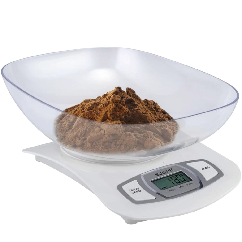 Sonashi Digital Kitchen Scale – 5kg Capacity, LCD Display, Transparent Measuring Bowl, Auto Shut-Off, Low Battery & Overload Indicator - SKS-001 - Damoo