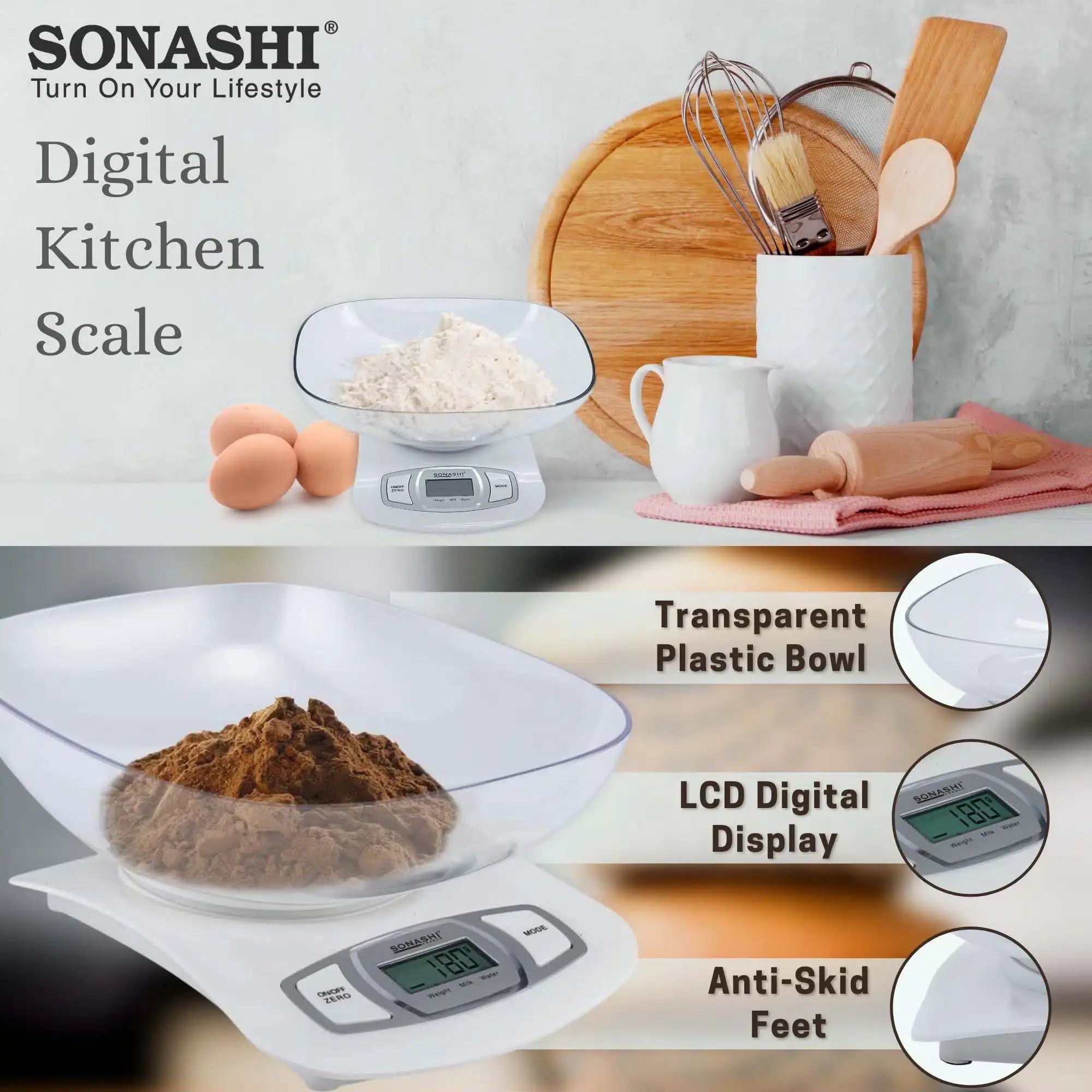 Sonashi Digital Kitchen Scale – 5kg Capacity, LCD Display, Transparent Measuring Bowl, Auto Shut-Off, Low Battery & Overload Indicator - SKS-001 - Damoo