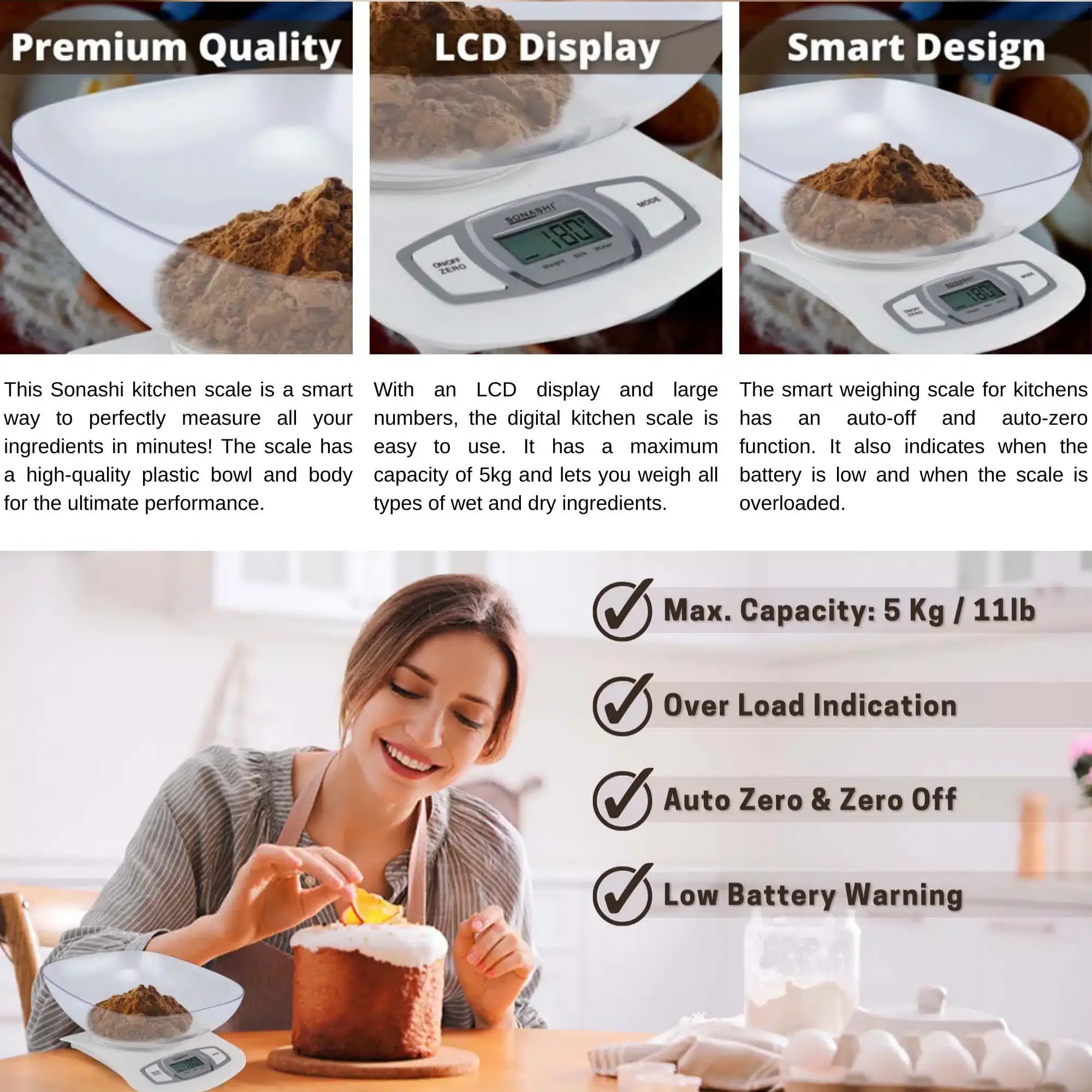 Sonashi Digital Kitchen Scale – 5kg Capacity, LCD Display, Transparent Measuring Bowl, Auto Shut-Off, Low Battery & Overload Indicator - SKS-001 - Damoo