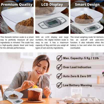 Sonashi Digital Kitchen Scale – 5kg Capacity, LCD Display, Transparent Measuring Bowl, Auto Shut-Off, Low Battery & Overload Indicator - SKS-001 - Damoo