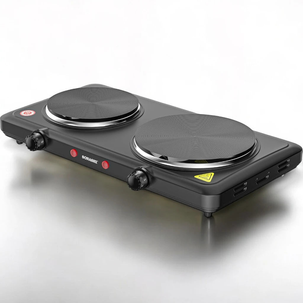 Sonashi Double Electric Hot Plate – 2500W Dual Burner Stove with Adjustable Temperature Control, Overheat Protection, Auto Thermostat, Non-Slip Rubber Feet & Indicator Light – Black - SHP-613N - Damoo