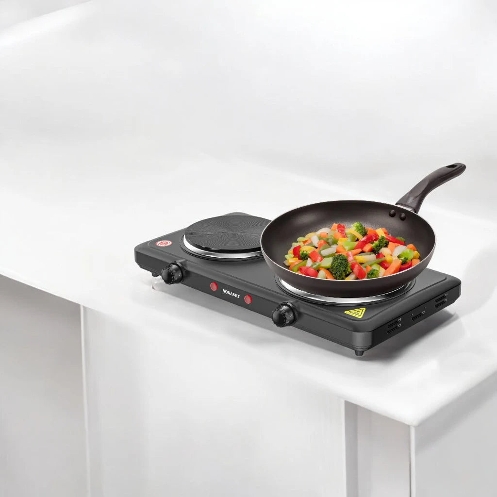 Sonashi Double Electric Hot Plate – 2500W Dual Burner Stove with Adjustable Temperature Control, Overheat Protection, Auto Thermostat, Non-Slip Rubber Feet & Indicator Light – Black - SHP-613N - Damoo