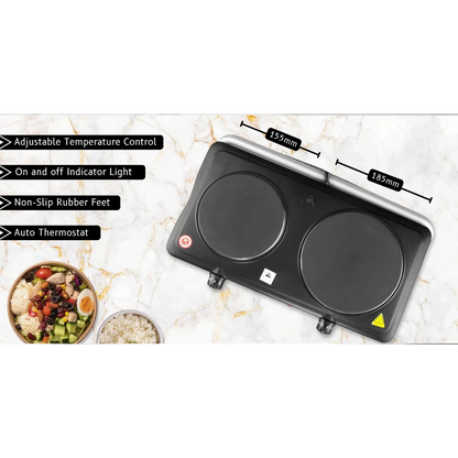 Sonashi Double Electric Hot Plate – 2500W Dual Burner Stove with Adjustable Temperature Control, Overheat Protection, Auto Thermostat, Non-Slip Rubber Feet & Indicator Light – Black - SHP-613N - Damoo