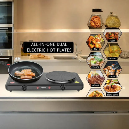 Sonashi Double Electric Hot Plate – 2500W Dual Burner Stove with Adjustable Temperature Control, Overheat Protection, Auto Thermostat, Non-Slip Rubber Feet & Indicator Light – Black - SHP-613N - Damoo