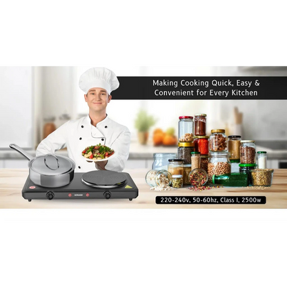 Sonashi Double Electric Hot Plate – 2500W Dual Burner Stove with Adjustable Temperature Control, Overheat Protection, Auto Thermostat, Non-Slip Rubber Feet & Indicator Light – Black - SHP-613N - Damoo