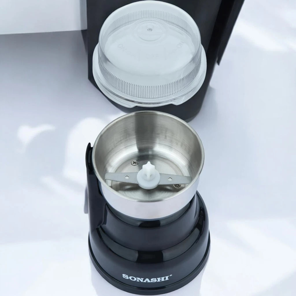 Sonashi Electric Coffee Grinder – 220ml Capacity, 250W Copper Motor, Stainless Steel Blade & Inner Tank, Low Noise Design – Ideal for Coffee Beans, Dry Spices, and Herbs – Black/Silver - SCG-4007 - Damoo