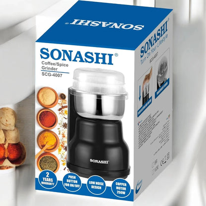 Sonashi Electric Coffee Grinder – 220ml Capacity, 250W Copper Motor, Stainless Steel Blade & Inner Tank, Low Noise Design – Ideal for Coffee Beans, Dry Spices, and Herbs – Black/Silver - SCG-4007 - Damoo