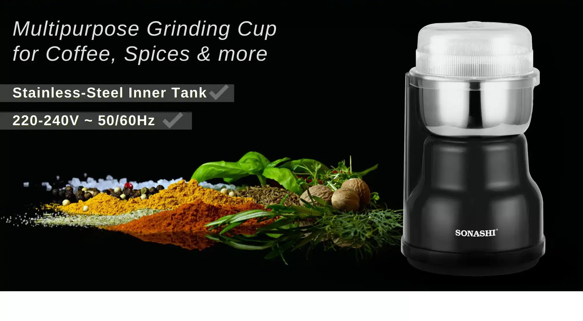 Sonashi Electric Coffee Grinder – 220ml Capacity, 250W Copper Motor, Stainless Steel Blade & Inner Tank, Low Noise Design – Ideal for Coffee Beans, Dry Spices, and Herbs – Black/Silver - SCG-4007 - Damoo