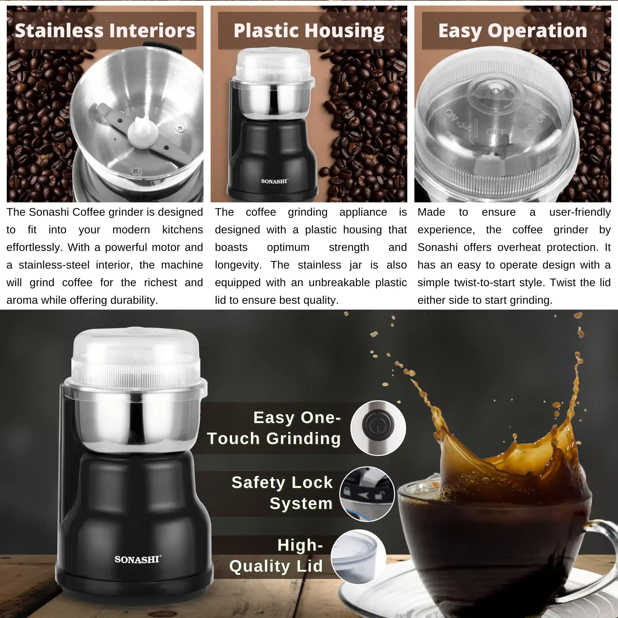 Sonashi Electric Coffee Grinder – 220ml Capacity, 250W Copper Motor, Stainless Steel Blade & Inner Tank, Low Noise Design – Ideal for Coffee Beans, Dry Spices, and Herbs – Black/Silver - SCG-4007 - Damoo
