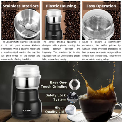 Sonashi Electric Coffee Grinder – 220ml Capacity, 250W Copper Motor, Stainless Steel Blade & Inner Tank, Low Noise Design – Ideal for Coffee Beans, Dry Spices, and Herbs – Black/Silver - SCG-4007 - Damoo