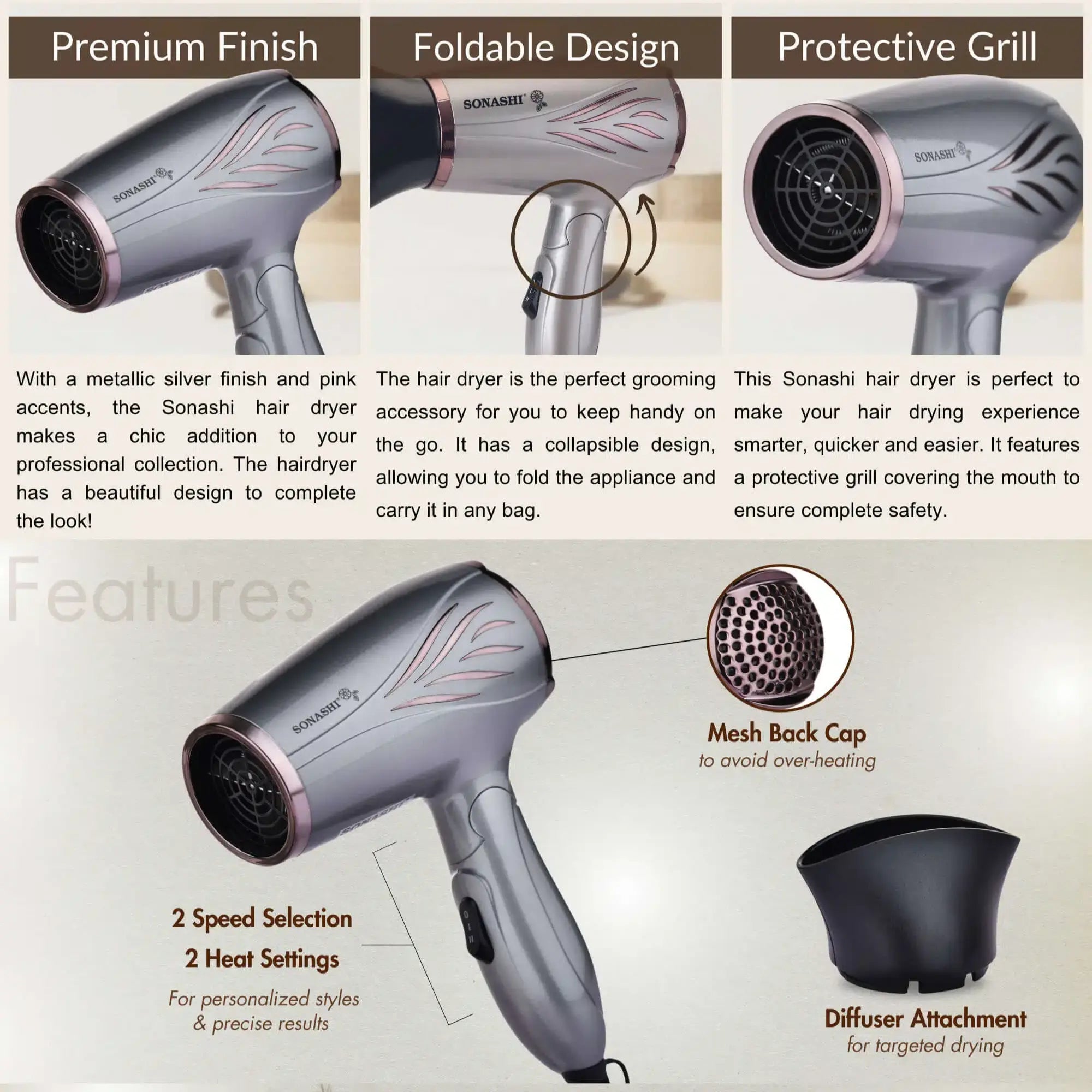 Sonashi Foldable Hair Dryer – SHD-5005N | 1200W Compact Travel Hair Dryer, Overheat Protection, 2 Speed & Heat Settings, Silver - Damoo