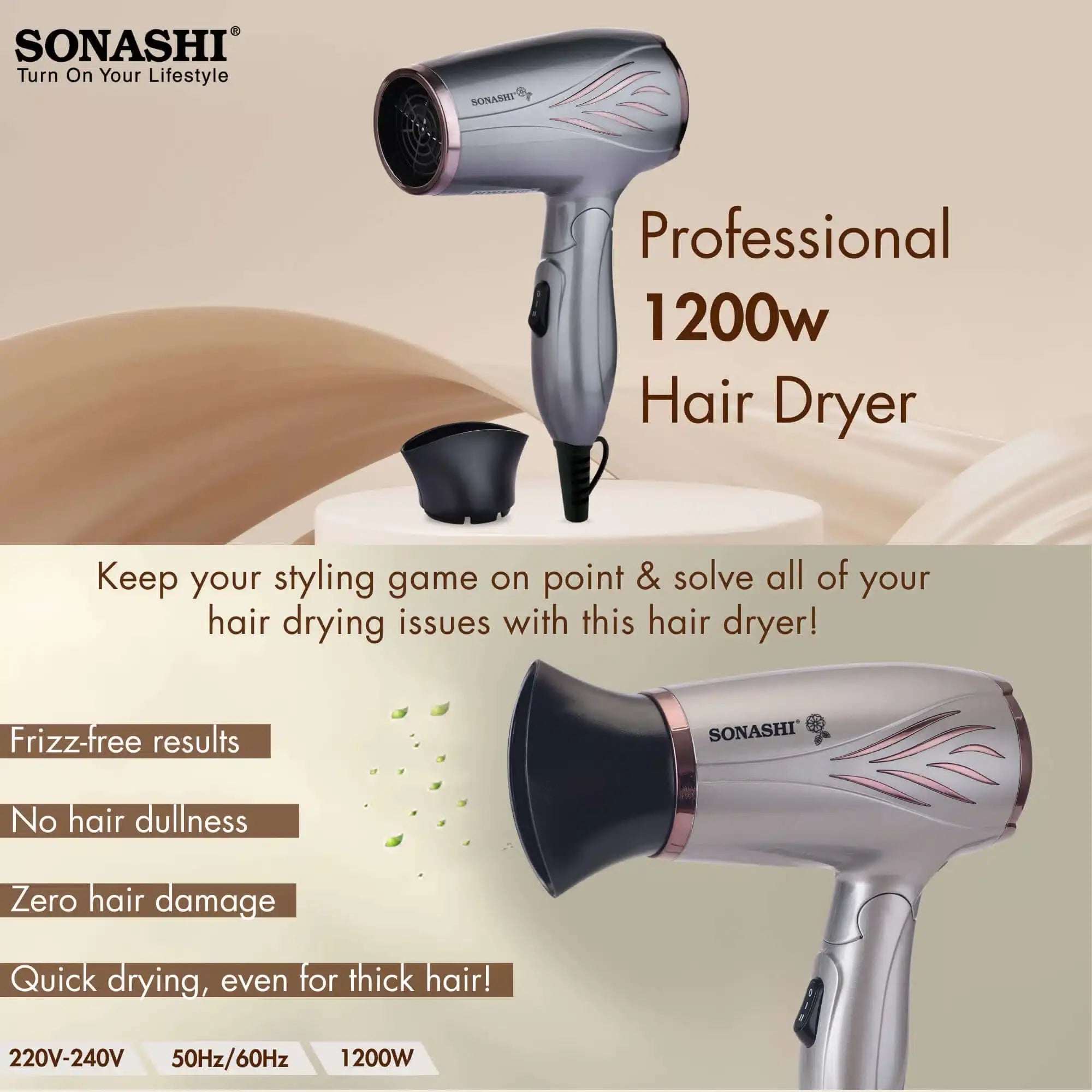Sonashi Foldable Hair Dryer – SHD-5005N | 1200W Compact Travel Hair Dryer, Overheat Protection, 2 Speed & Heat Settings, Silver - Damoo