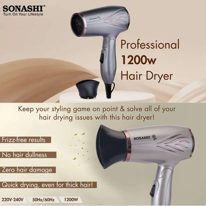 Sonashi Foldable Hair Dryer – SHD-5005N | 1200W Compact Travel Hair Dryer, Overheat Protection, 2 Speed & Heat Settings, Silver - Damoo