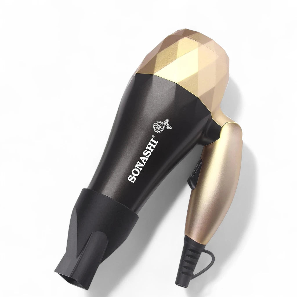 Sonashi Foldable Hair Dryer SHD-5008 – 1000W Gold/Black | 2 Speed & Heat Settings, Overheat Protection, Travel-Friendly Compact Hair Dryer - Damoo