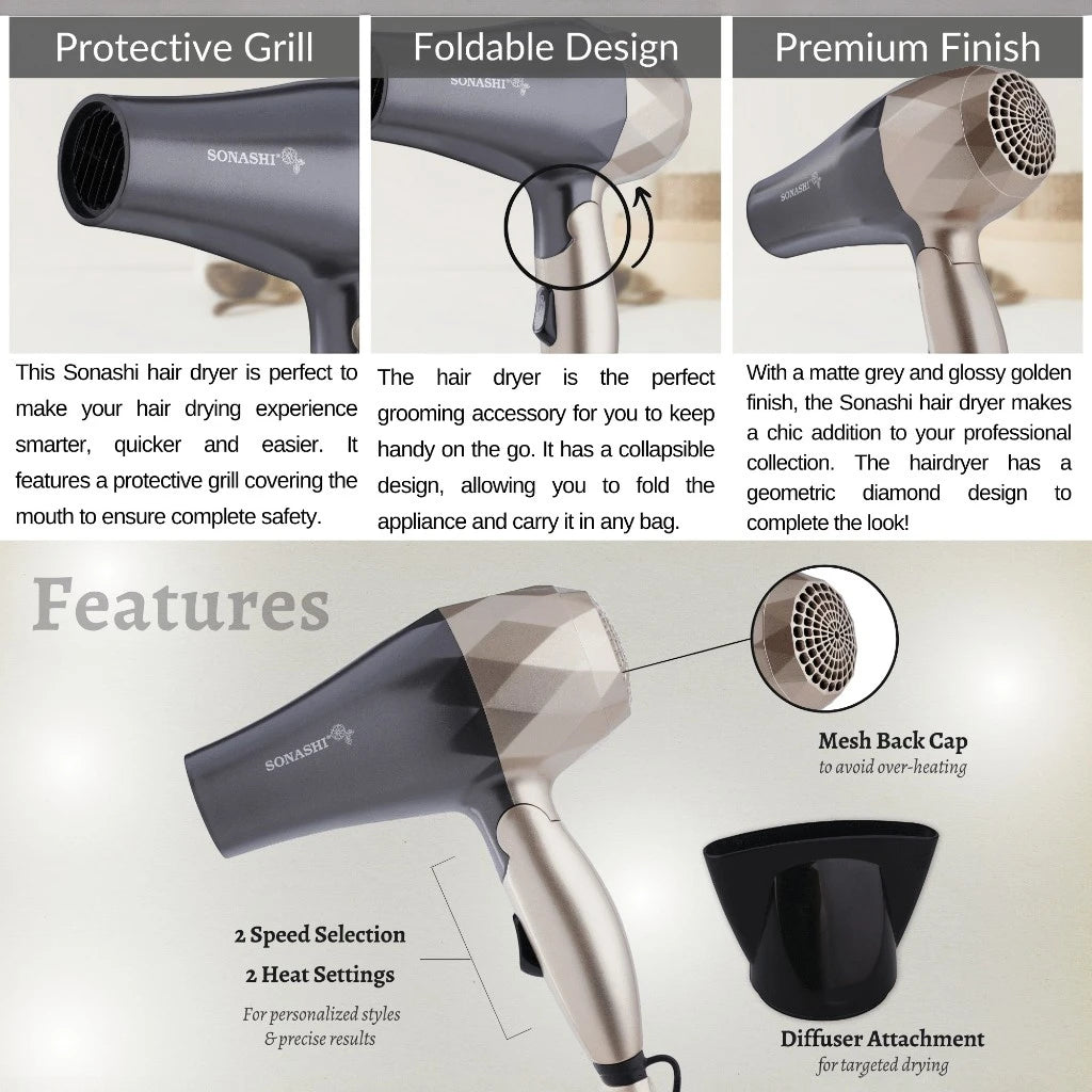 Sonashi Foldable Hair Dryer SHD-5008 – 1000W Gold/Black | 2 Speed & Heat Settings, Overheat Protection, Travel-Friendly Compact Hair Dryer - Damoo