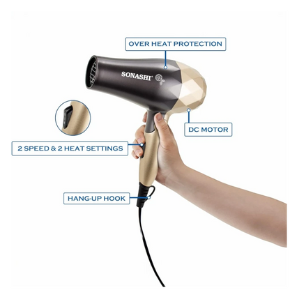 Sonashi Foldable Hair Dryer SHD-5008 – 1000W Gold/Black | 2 Speed & Heat Settings, Overheat Protection, Travel-Friendly Compact Hair Dryer - Damoo