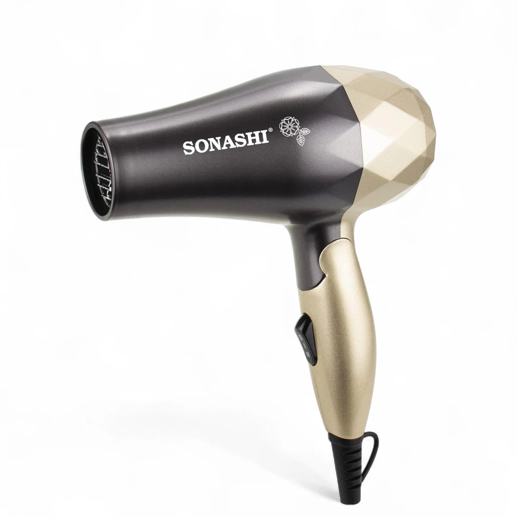 Sonashi Foldable Hair Dryer SHD-5008 – 1000W Gold/Black | 2 Speed & Heat Settings, Overheat Protection, Travel-Friendly Compact Hair Dryer - Damoo