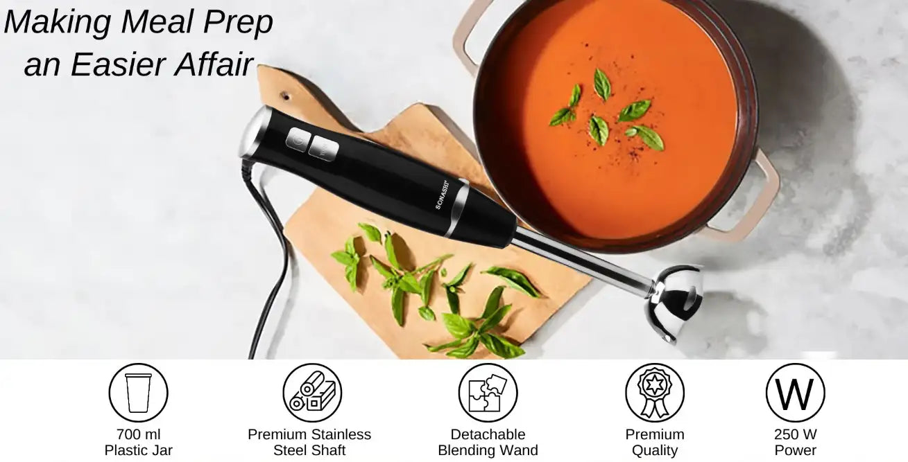 Sonashi Hand Blender with Stainless Steel Shaft, 2 Speed Motor, 700ml Plastic Jar & Detachable Blending Wand – Ideal for Smoothies, Shakes, Baby Food & More – SHB-186J Black - Damoo