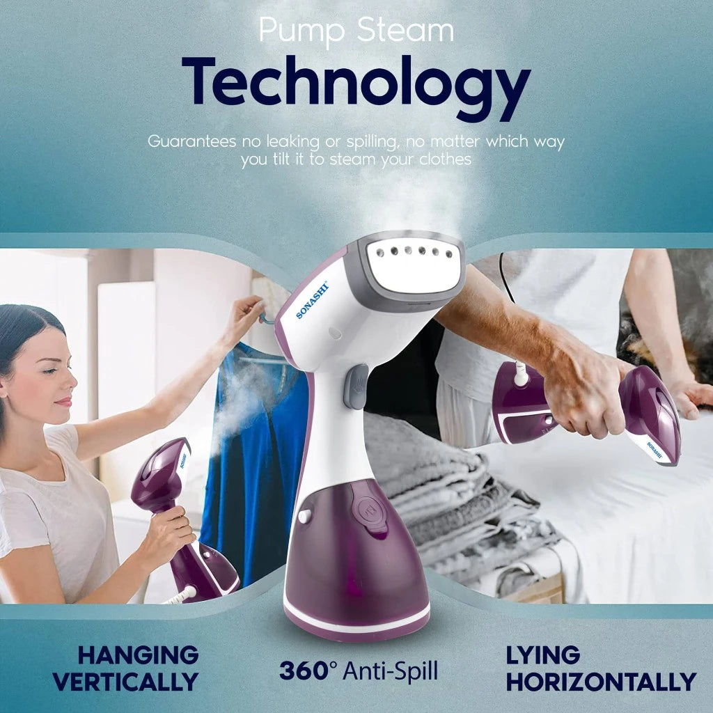 SONASHI Handheld Garment Steamer 1100W  | 250ml Water Tank, Travel-Friendly  | Heat-Proof Glove & Hanger Included  | Ultra Easy Wrinkle Remover – Purple | - Damoo