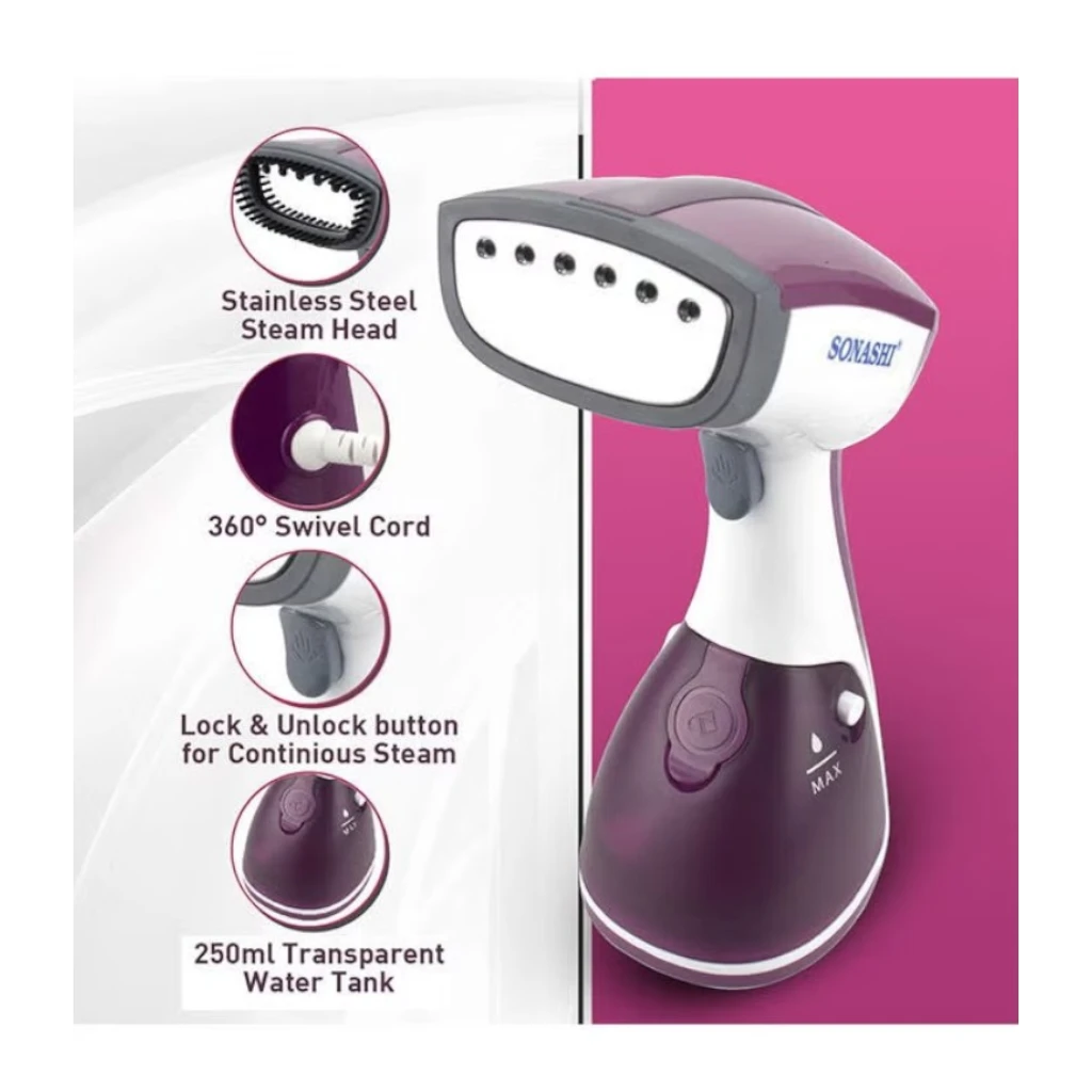 SONASHI Handheld Garment Steamer 1100W  | 250ml Water Tank, Travel-Friendly  | Heat-Proof Glove & Hanger Included  | Ultra Easy Wrinkle Remover – Purple | - Damoo