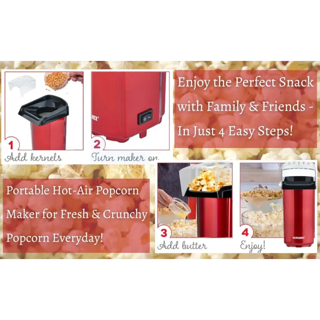 Sonashi Hot Air Popcorn Maker – Oil-Free, 40ml Capacity, 900W, Classic Style Design with Detachable Cap, On/Off Switch &amp; Non-Slip Feet | Compact &amp; Easy to Clean – Red (SPCM-101) - Damoo