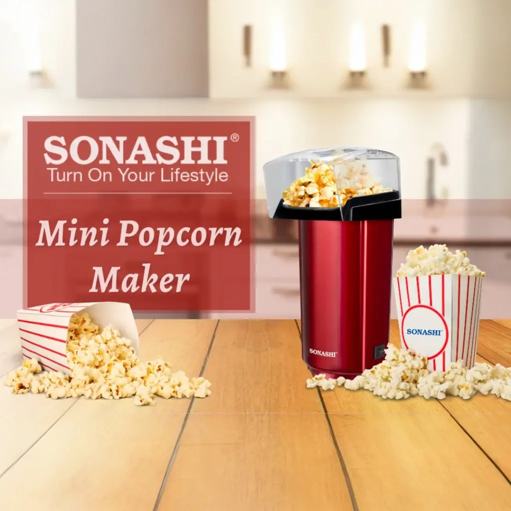 Sonashi Hot Air Popcorn Maker – Oil-Free, 40ml Capacity, 900W, Classic Style Design with Detachable Cap, On/Off Switch &amp; Non-Slip Feet | Compact &amp; Easy to Clean – Red (SPCM-101) - Damoo