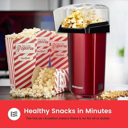 Sonashi Hot Air Popcorn Maker – Oil-Free, 40ml Capacity, 900W, Classic Style Design with Detachable Cap, On/Off Switch &amp; Non-Slip Feet | Compact &amp; Easy to Clean – Red (SPCM-101) - Damoo