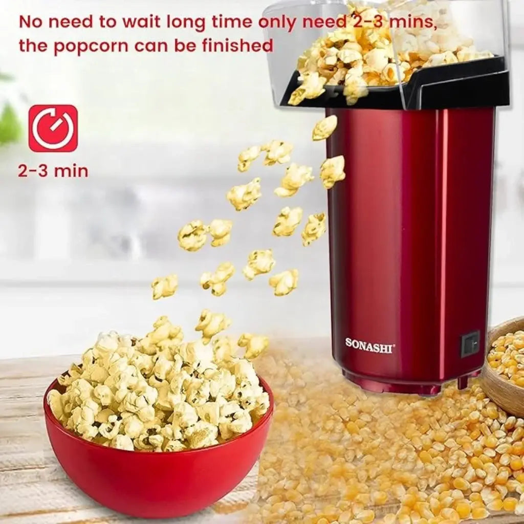 Sonashi Hot Air Popcorn Maker – Oil-Free, 40ml Capacity, 900W, Classic Style Design with Detachable Cap, On/Off Switch &amp; Non-Slip Feet | Compact &amp; Easy to Clean – Red (SPCM-101) - Damoo