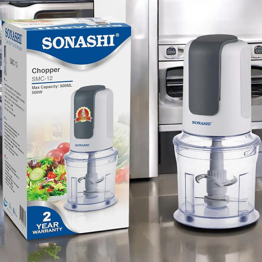 Sonashi Kitchen Chopper – 500W Electric Chopper with 500ML Capacity - Double Blade System - Safety Lock Mechanism - 2-Speed Push Down Operation - Ideal for Chopping & Blending - Compact Design - SMC-12 - Damoo