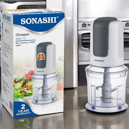 Sonashi Kitchen Chopper – 500W Electric Chopper with 500ML Capacity - Double Blade System - Safety Lock Mechanism - 2-Speed Push Down Operation - Ideal for Chopping & Blending - Compact Design - SMC-12 - Damoo