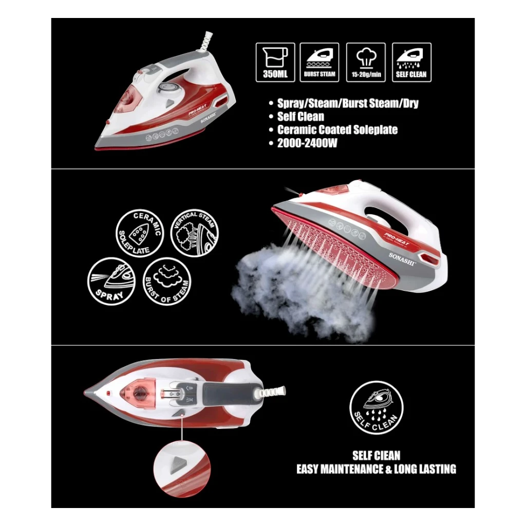 Sonashi Multifunctional Steam Iron – 2400W Ceramic Soleplate, Self-Cleaning, Overheat Protection, Red/White | SI-5067N - Damoo