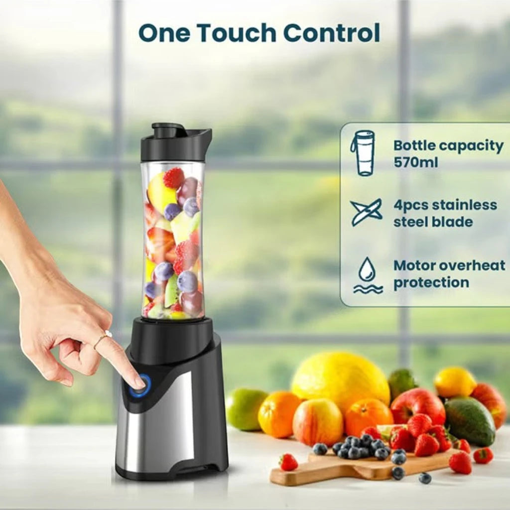 Sonashi Portable Sports Blender – 300W Smoothie Maker with One-Touch Operation, 570ML BPA-Free Travel Bottle, Stainless Steel Blades, Overheat Protection, LED Power Light, SB-184 - Black/Silver - Damoo