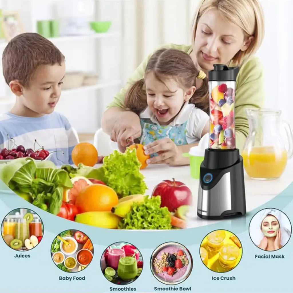 Sonashi Portable Sports Blender – 300W Smoothie Maker with One-Touch Operation, 570ML BPA-Free Travel Bottle, Stainless Steel Blades, Overheat Protection, LED Power Light, SB-184 - Black/Silver - Damoo