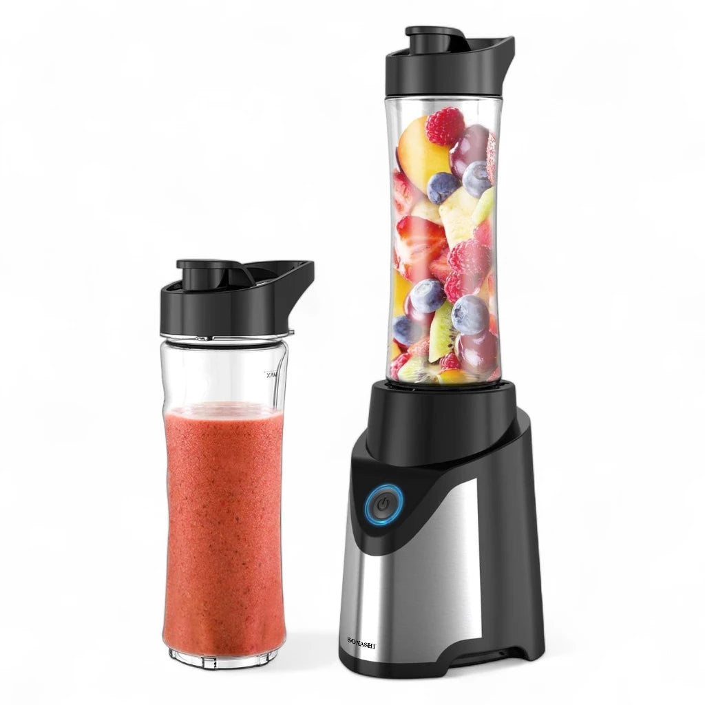 Sonashi Portable Sports Blender – 300W Smoothie Maker with One-Touch Operation, 570ML BPA-Free Travel Bottle, Stainless Steel Blades, Overheat Protection, LED Power Light, SB-184 - Black/Silver - Damoo
