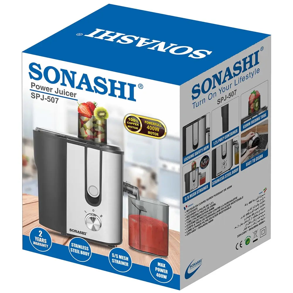 Sonashi Power Juicer – 400W Copper Motor, 2-Speed Control, 1.2L Pulp Container, 450ml Juice Cup, Stainless Steel Blade & Body, Overheat Protection, 65mm Wide Feeding Tube SPJ-507 - Damoo