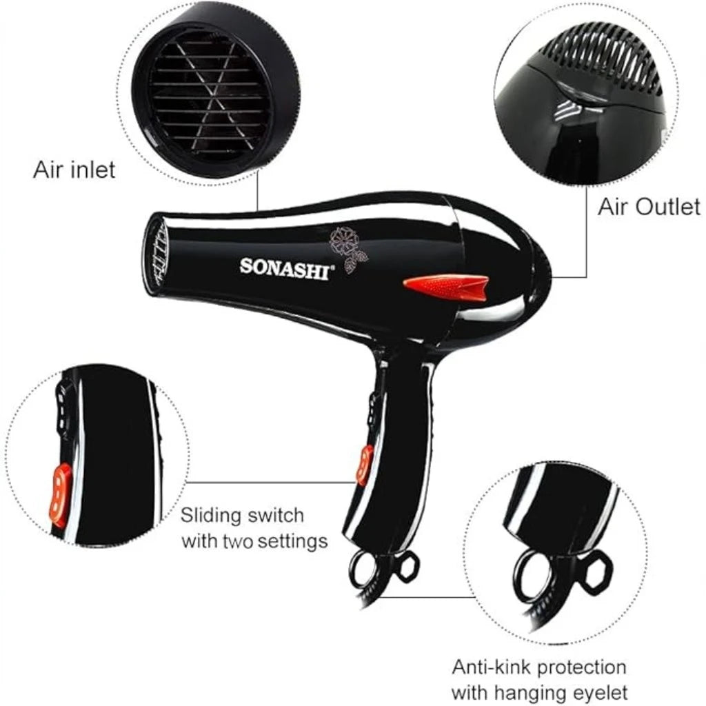 Sonashi Professional Hair Dryer – 2000W Hot & Cold Wind Dryer with AC Motor, 2 Heat & Speed Settings, Nozzle Attachment, Lightweight Design for All Hair Types – Black |  SHD-3009 - Damoo