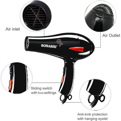 Sonashi Professional Hair Dryer – 2000W Hot & Cold Wind Dryer with AC Motor, 2 Heat & Speed Settings, Nozzle Attachment, Lightweight Design for All Hair Types – Black |  SHD-3009 - Damoo