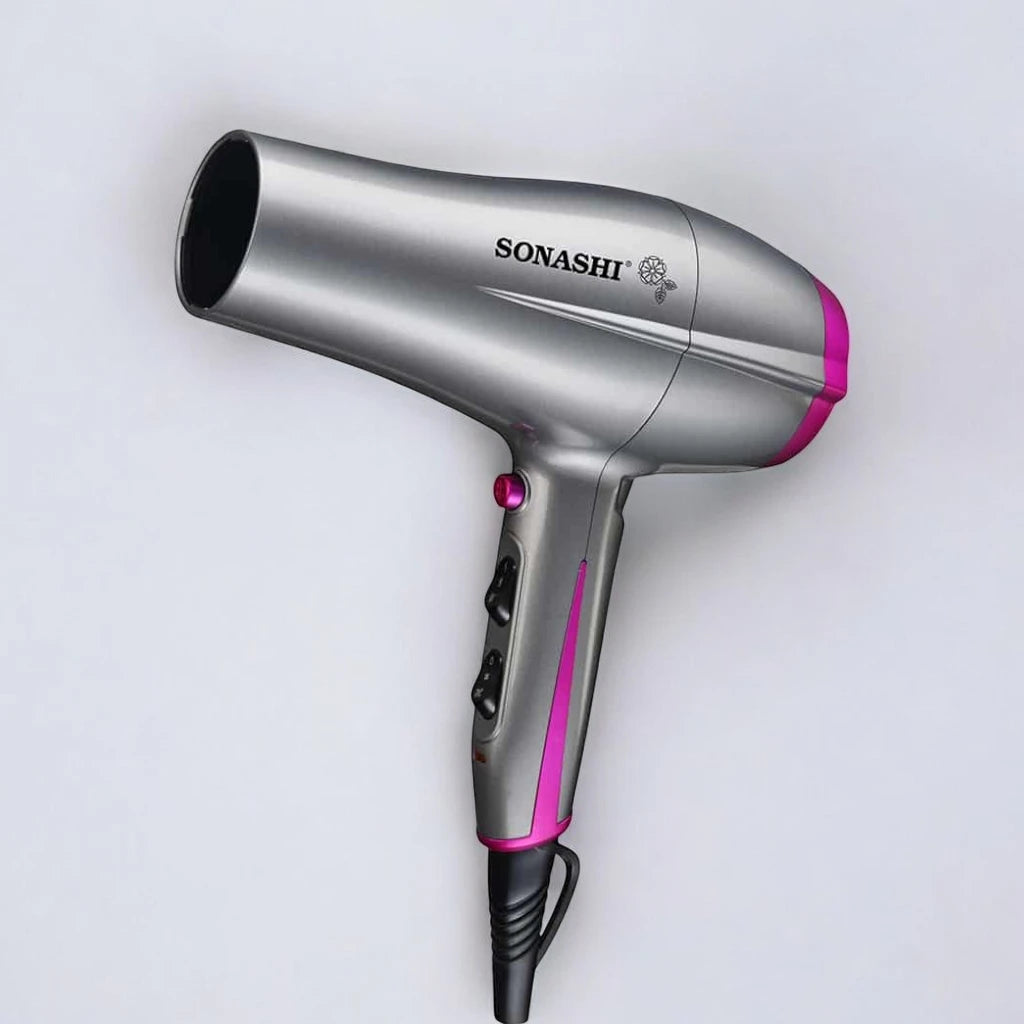 Sonashi Professional Hair Dryer – 2200W Hot & Cold Wind Styling Tool with 2 Speed & 3 Heat Settings, Cool Shot Function, Overheat Protection & Concentrator Nozzle – Silver/Pink SHD-5010 - Damoo