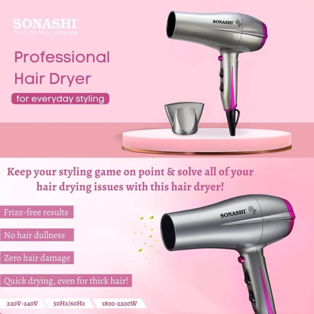 Sonashi Professional Hair Dryer – 2200W Hot & Cold Wind Styling Tool with 2 Speed & 3 Heat Settings, Cool Shot Function, Overheat Protection & Concentrator Nozzle – Silver/Pink SHD-5010 - Damoo