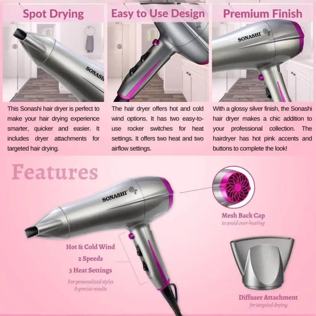Sonashi Professional Hair Dryer – 2200W Hot & Cold Wind Styling Tool with 2 Speed & 3 Heat Settings, Cool Shot Function, Overheat Protection & Concentrator Nozzle – Silver/Pink SHD-5010 - Damoo