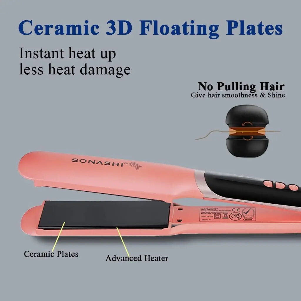 Sonashi Professional Hair Straightener – Ceramic Plates, Digital LED Display, Adjustable Temperature Up to 220°C, PTC Heating, Auto Shut-Off, 360° Swivel Cord – 90W, Rose Gold/Pink - SHS-2084 - Damoo