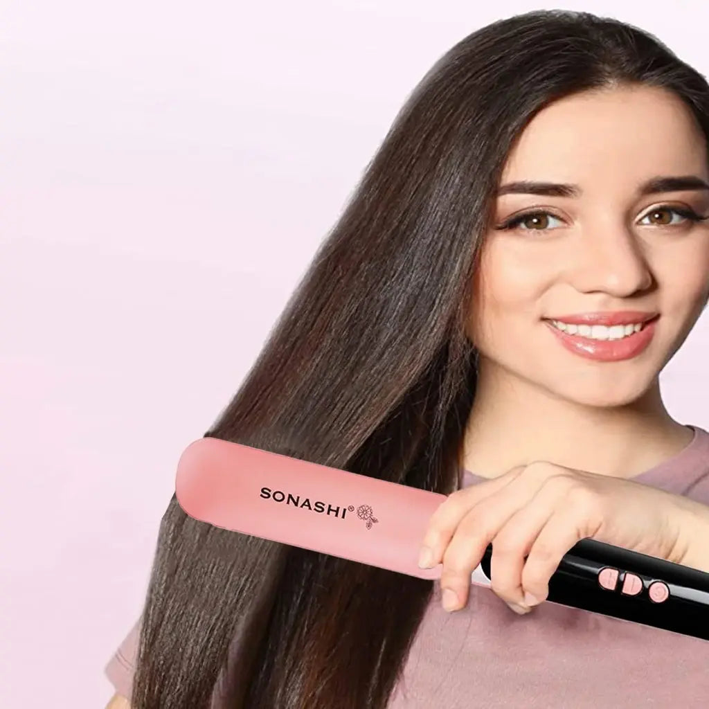 Sonashi Professional Hair Straightener – Ceramic Plates, Digital LED Display, Adjustable Temperature Up to 220°C, PTC Heating, Auto Shut-Off, 360° Swivel Cord – 90W, Rose Gold/Pink - SHS-2084 - Damoo