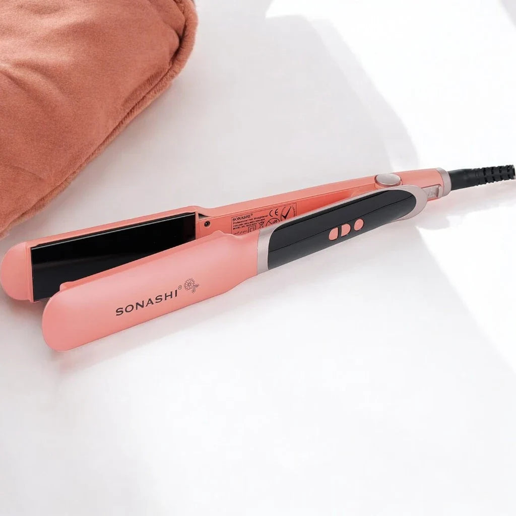 Sonashi Professional Hair Straightener – Ceramic Plates, Digital LED Display, Adjustable Temperature Up to 220°C, PTC Heating, Auto Shut-Off, 360° Swivel Cord – 90W, Rose Gold/Pink - SHS-2084 - Damoo