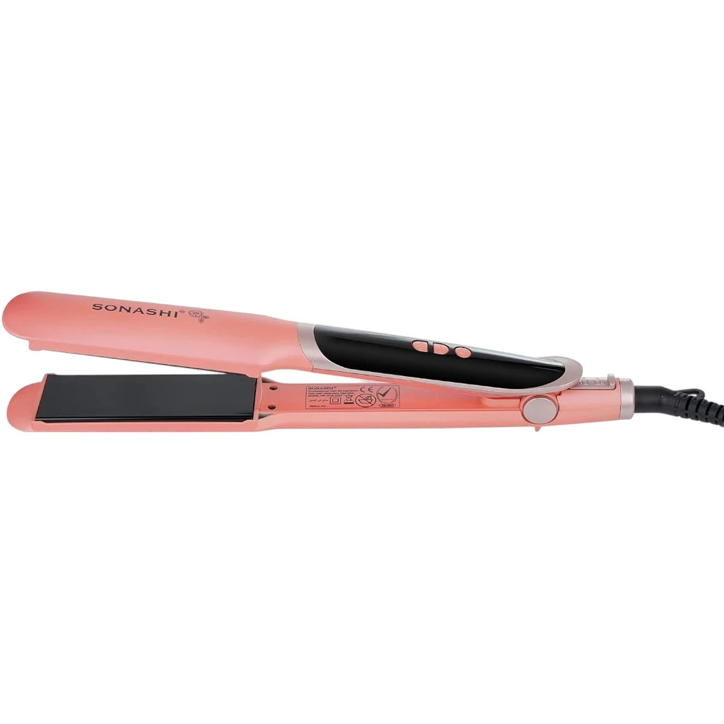 Sonashi Professional Hair Straightener – Ceramic Plates, Digital LED Display, Adjustable Temperature Up to 220°C, PTC Heating, Auto Shut-Off, 360° Swivel Cord – 90W, Rose Gold/Pink - SHS-2084 - Damoo