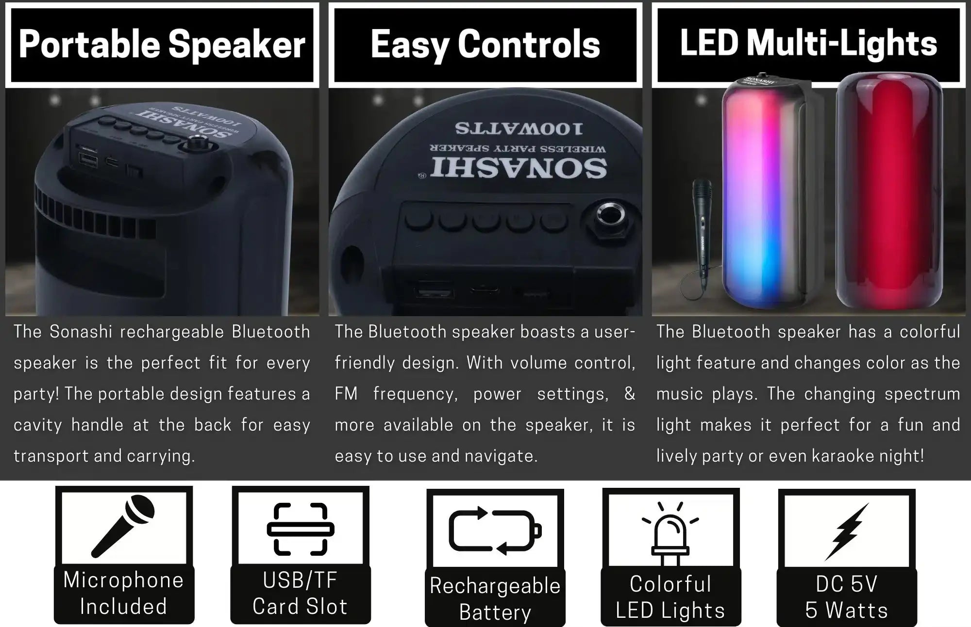 Sonashi Rechargeable Bluetooth Speaker – Hi-Fi Surround Sound, USB/TF Card Slot, FM Radio, 1800mAh Battery, 5W Output, 10m Wireless Range – Black | SBS-711N - Damoo